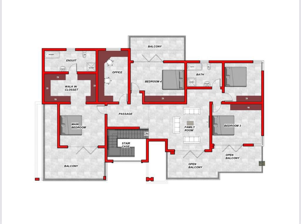 Architectural floor plan showing the upper-level room layout, bathrooms, office, and balconies.